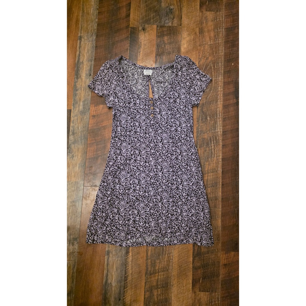 RVCA Floral Mini Dress Purple White Short Sleeve Keyhole Back AVJWD00167 XS